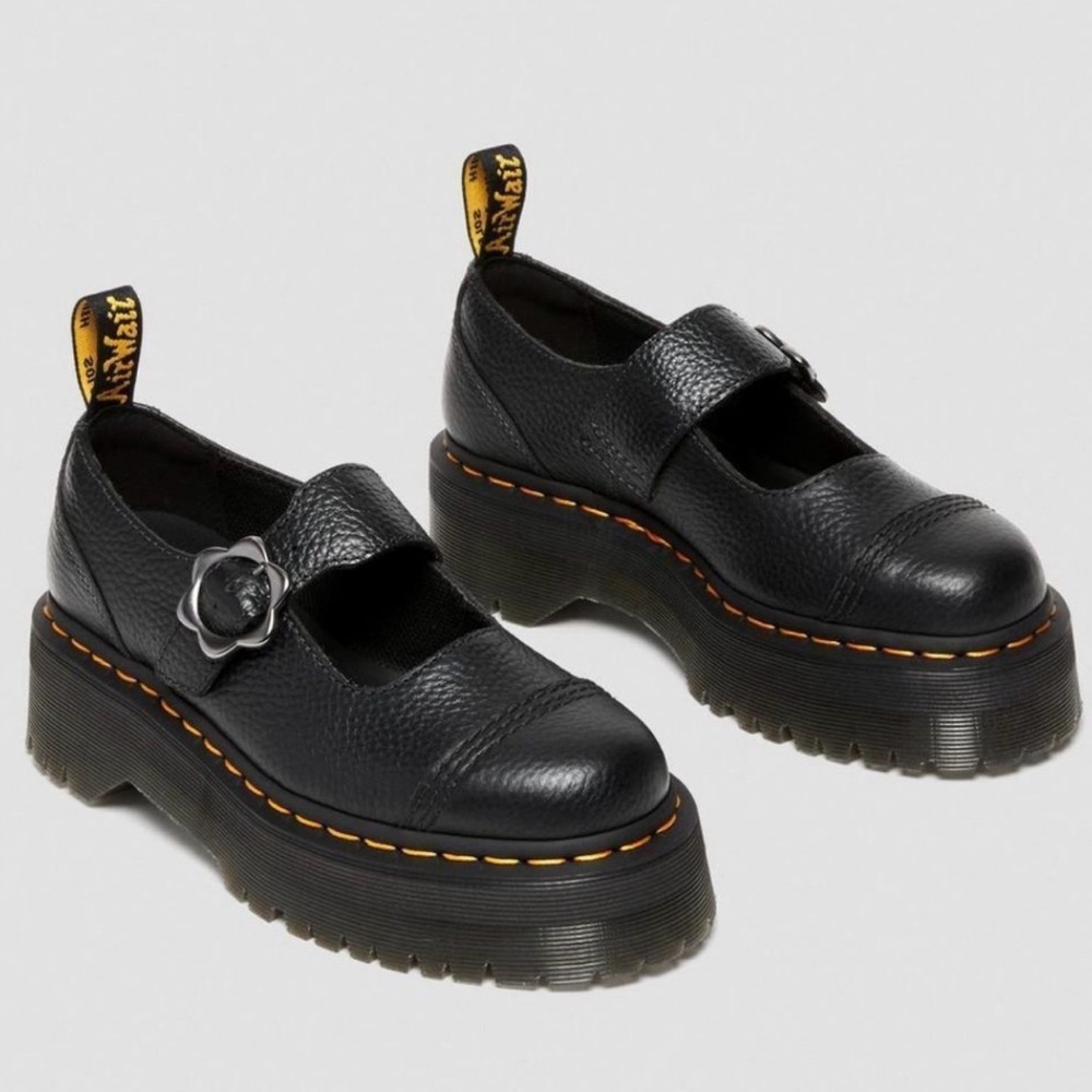 Dr. Martens Black Leather Platform Mary Jane Shoes with Orange Stitching